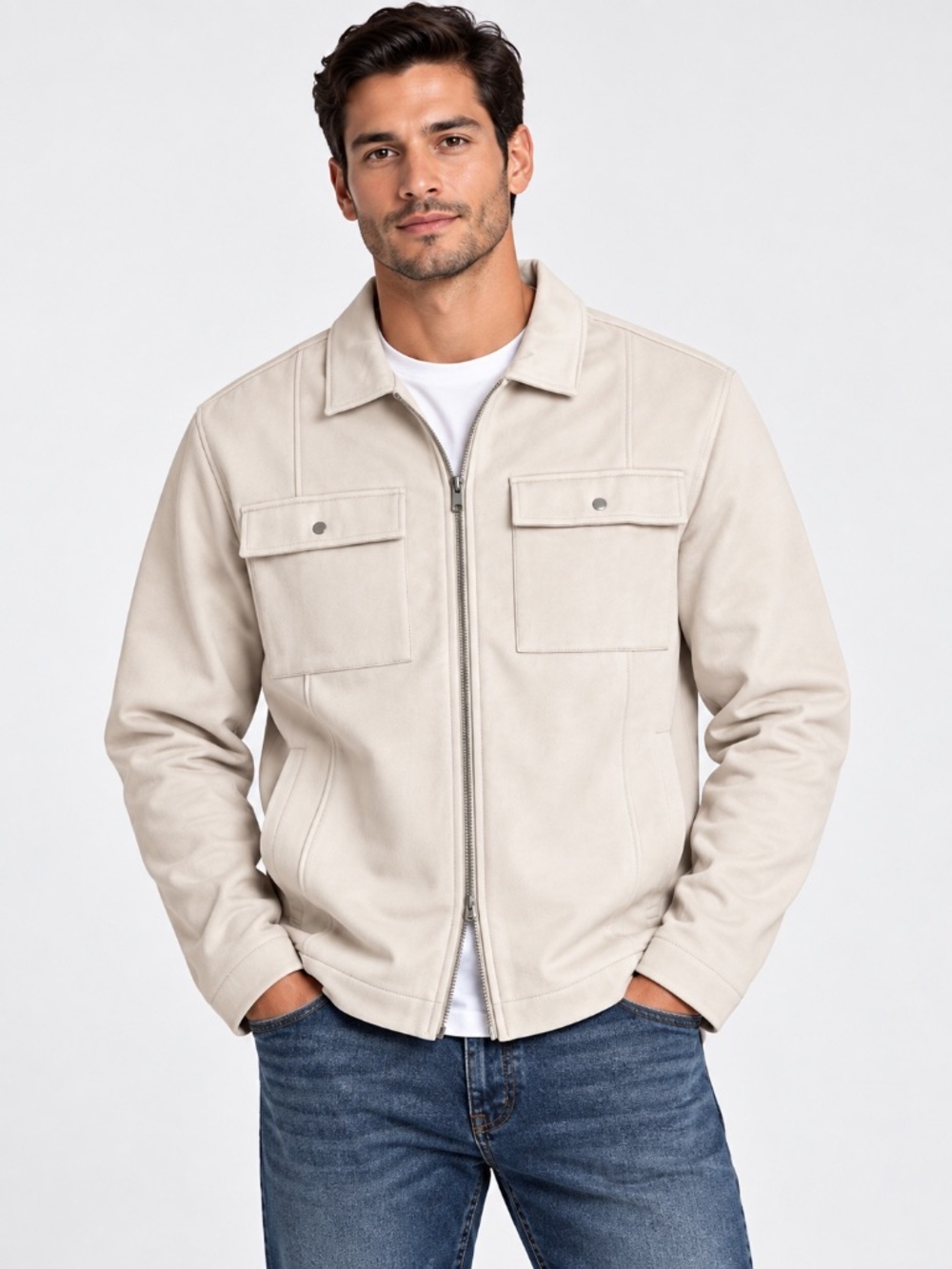 ASOS Design Men's 2XL Cream Zip Front Shacket Jacket Cotton Utility